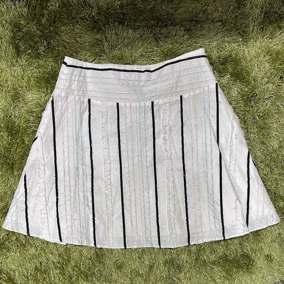 Vintage White Black & Rainbow Striped Linen Mini Skater Skirt Size L - Picture 1 of 4